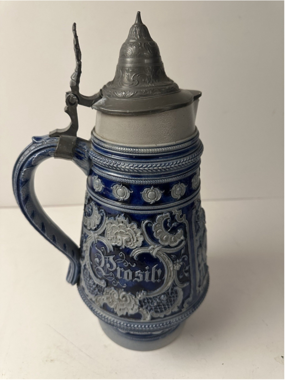 Vintage German Stoneware Lidded Beer Pitcher Stein Pewter Lid Cobalt Blue Prosit